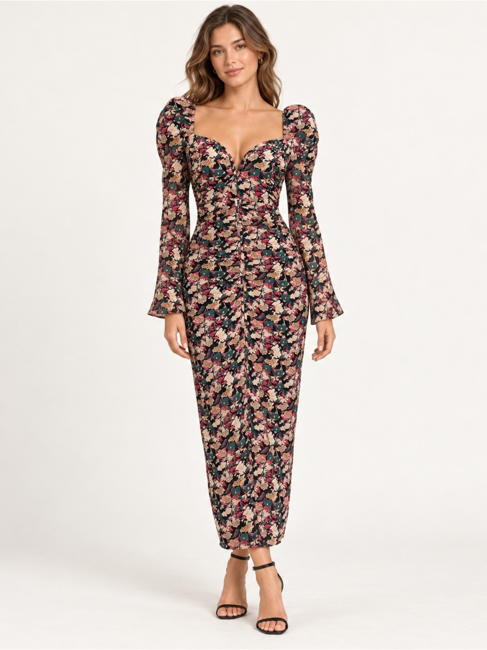ASTR the Label Jamila Floral Ruched Puff Sleeve Midi Dress Event Medium M
